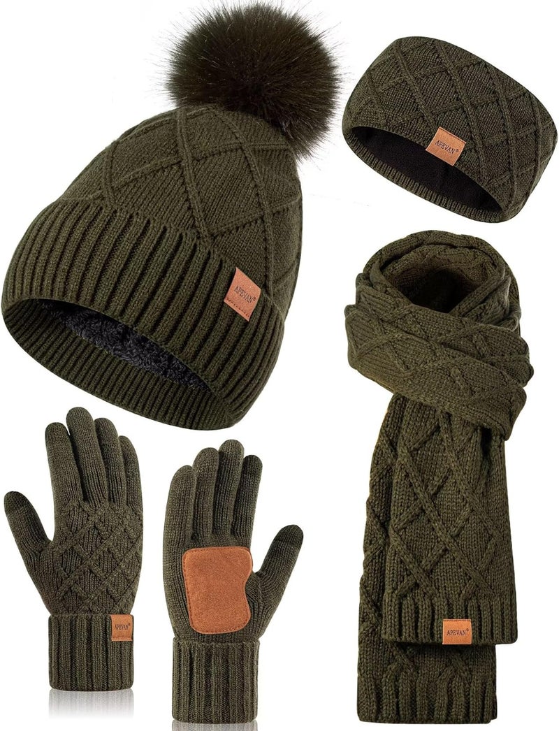 APEVAN Womens Winter Hat Gloves Scarf Headband Set, Pom Pom Beanie Long Scarf Touchscreen Gloves Ear Warmer, 4 in 1 Warm Gift Set - Image 1